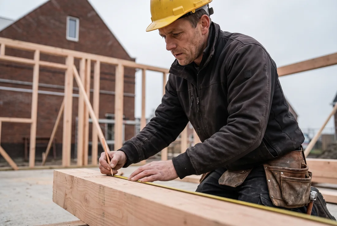 Timmerman meet een houten balk op een bouwplaats