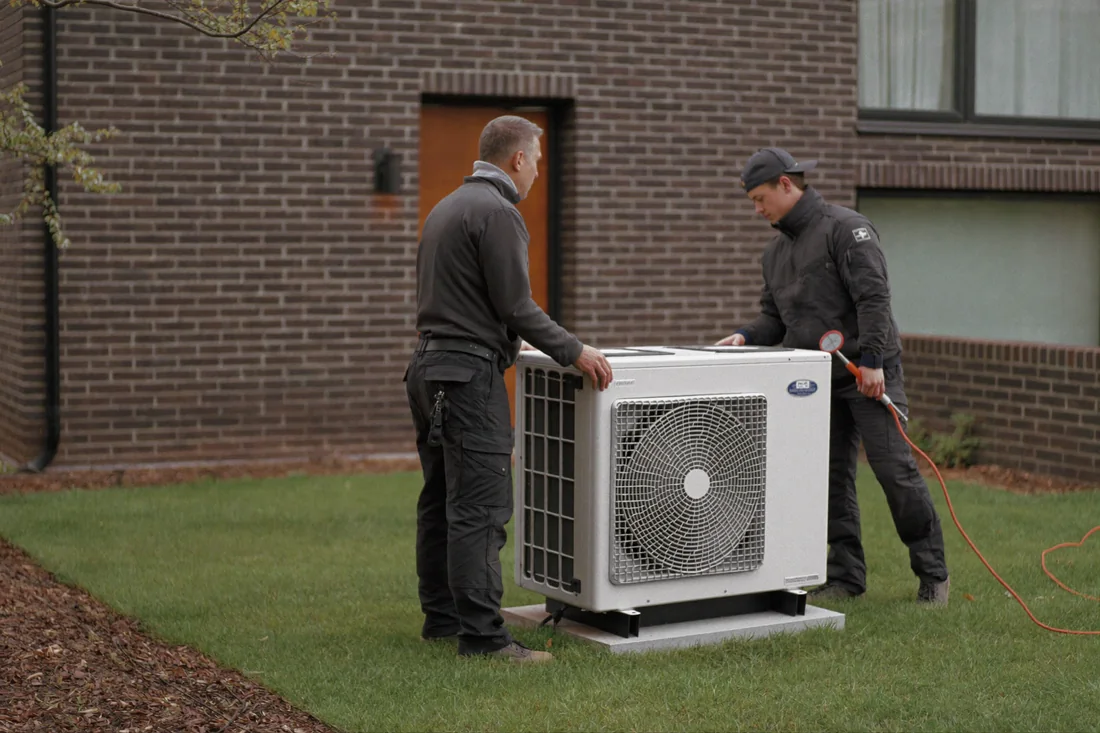 Twee monteurs installeren een warmtepomp bij een woning