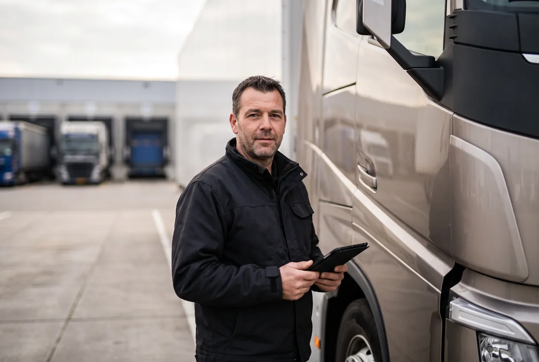 Vrachtwagenchauffeur bij zijn trekker-oplegger op een distributiecentrum