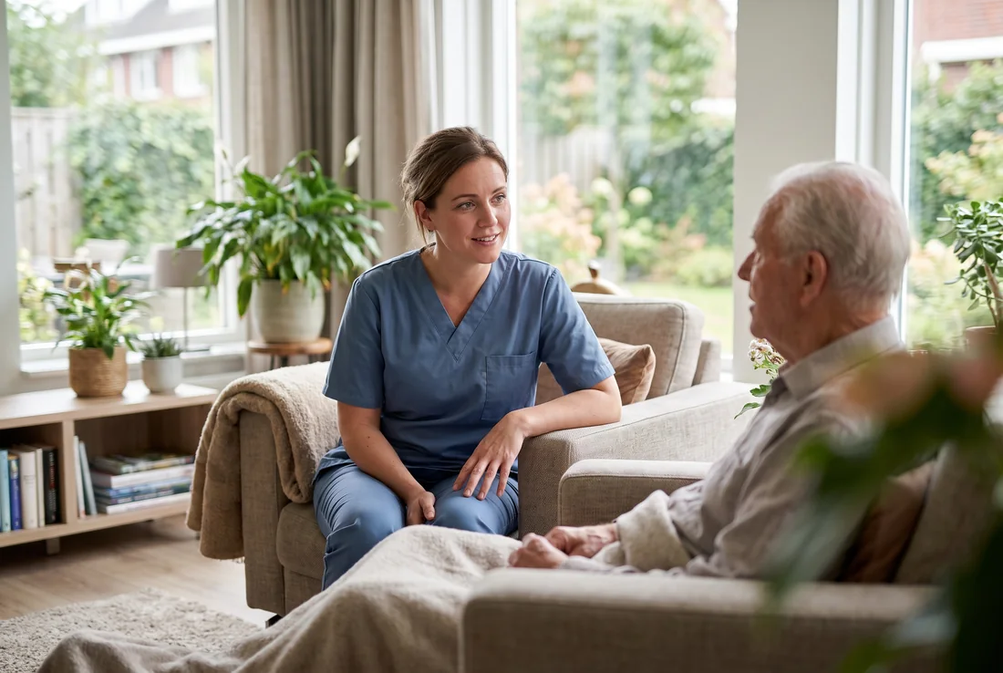 Zorgmedewerker in gesprek met een oudere bewoner in een woonkamer